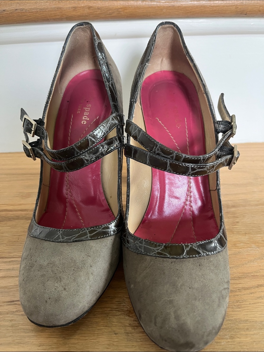kate spade Gray Suede Mary Jane Heels with Black Croc Trim